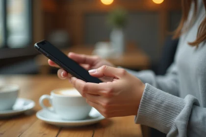 Femme tenant un iPhone SE compact dans la main dans un café moderne, format compact Apple