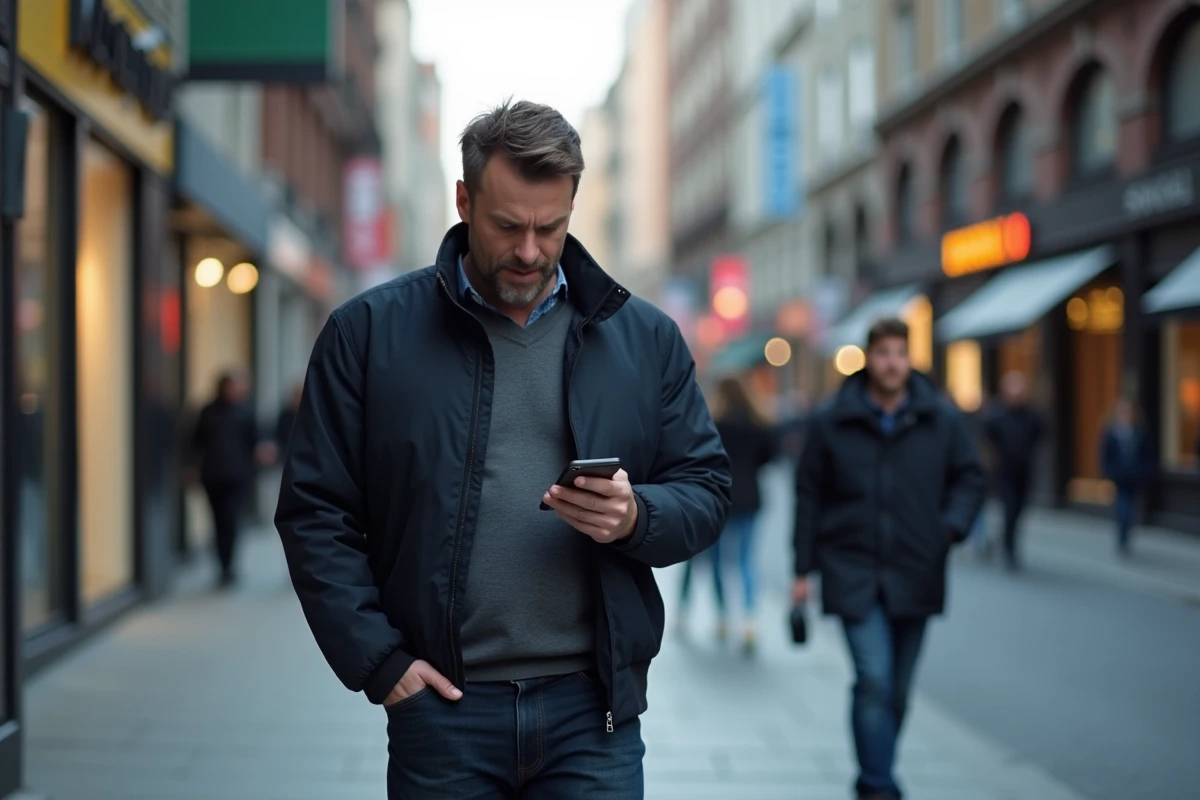 Homme en ville consultant son iPhone SE compact en marchant sur un trottoir urbain