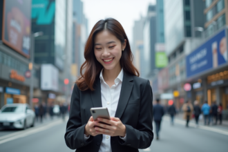 Jeune femme d'affaires asiatique souriante en ville moderne