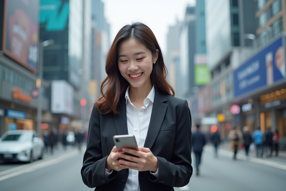 Jeune femme d'affaires asiatique souriante en ville moderne
