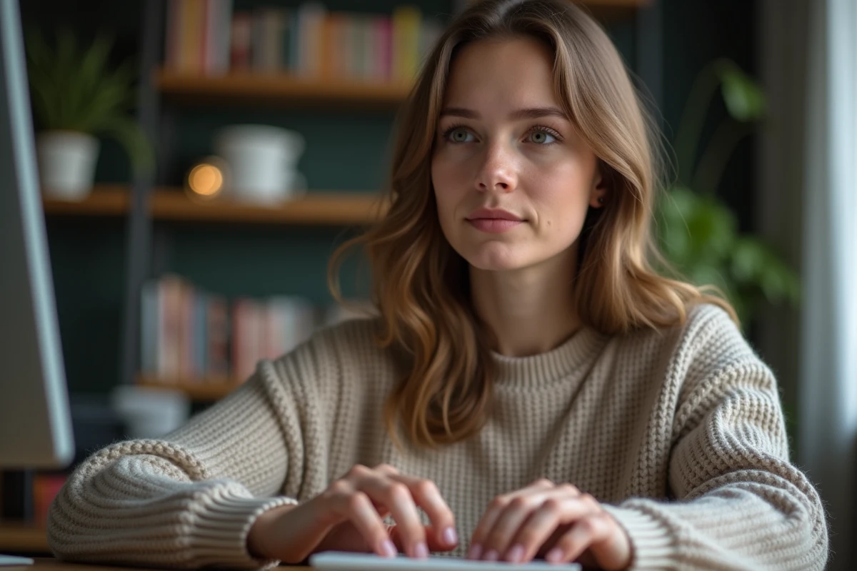 Jeune femme concentrée tapant au clavier dans un bureau cosy