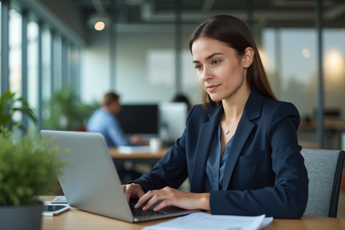 Jeune femme en bureau moderne utilisant son ordinateur