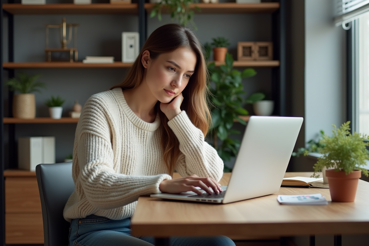 Jeune femme concentrée sur son ordinateur dans un bureau moderne
