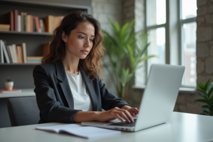 Jeune femme professionnelle travaillant sur un ordinateur dans un bureau moderne