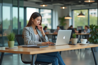 Jeune femme en bureau moderne avec ordinateur et gadgets