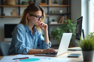 Jeune femme travaillant sur un laptop dans un bureau moderne