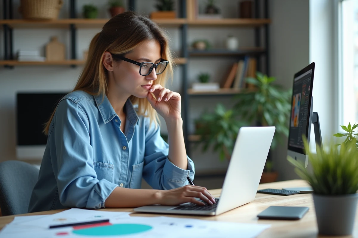 Jeune femme travaillant sur un laptop dans un bureau moderne