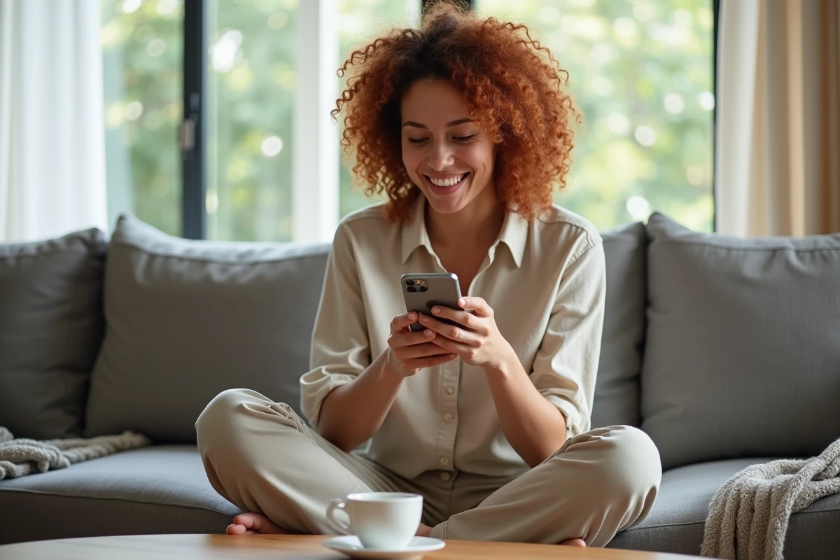 Jeune femme souriant après avoir retrouvé des messages supprimés sur son téléphone dans un salon