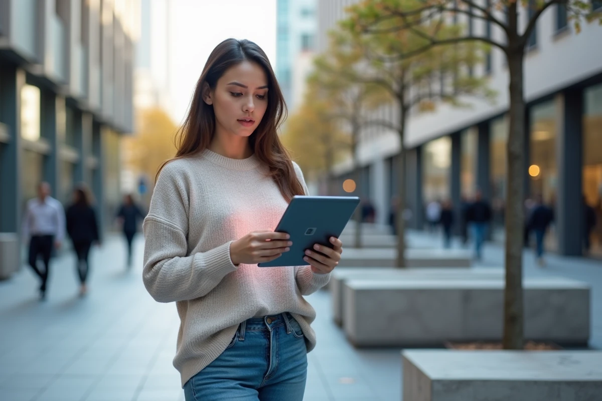 Jeune femme avec tablette dans une place urbaine animée