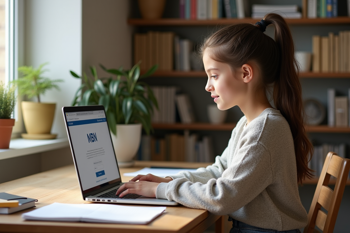 Jeune fille concentrée utilisant un ordinateur avec MBN à la maison