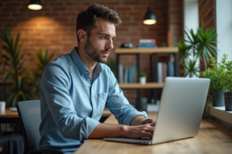 Jeune homme analysant des données SEO dans un bureau moderne