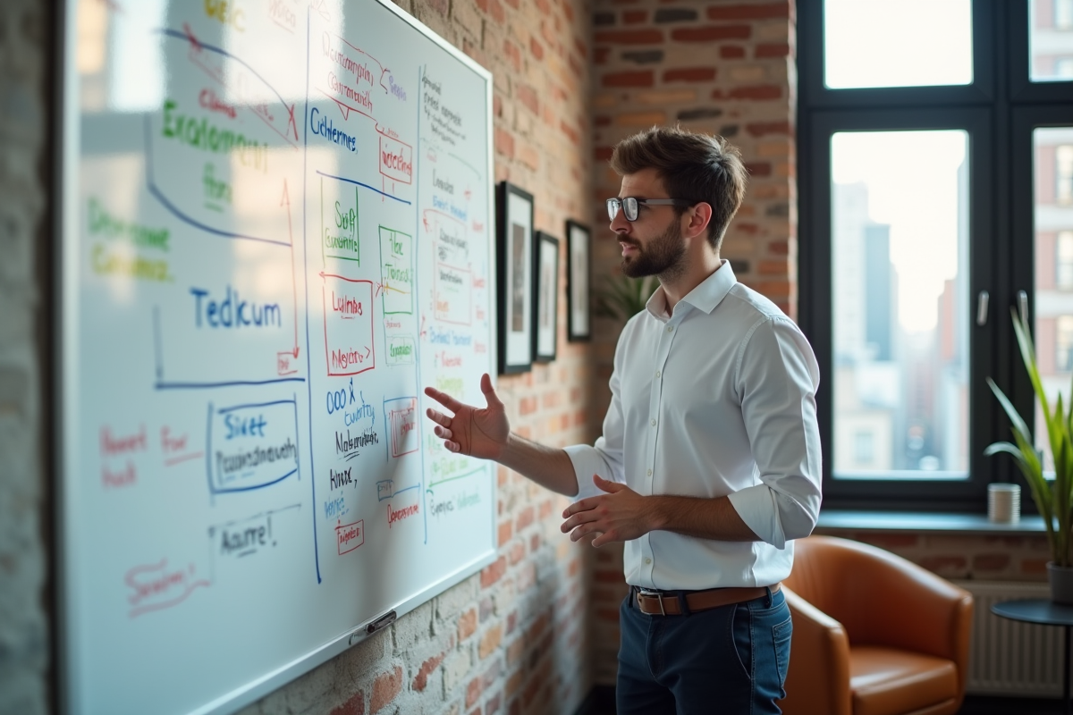 Jeune homme expliquant stratégie SEO avec tableau blanc