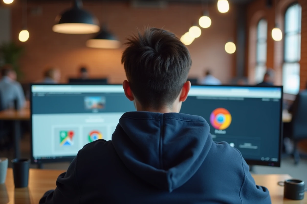Jeune homme comparant des navigateurs web gratuits sur un double écran dans un espace de coworking