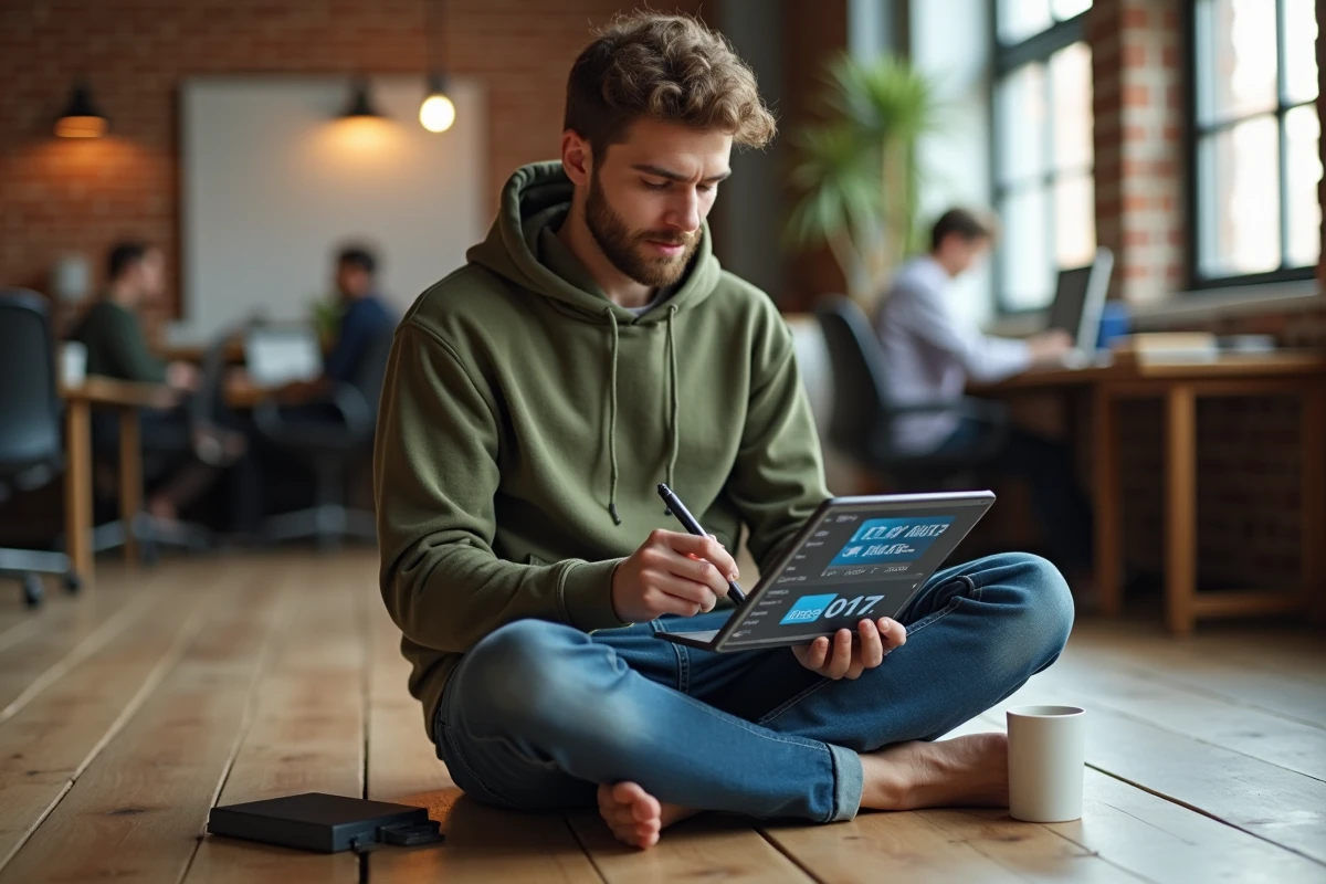 Jeune homme consultant une application de conversion d'octets pour fichiers volumineux sur une tablette dans un espace de coworking