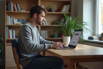 Jeune homme regardant son ordinateur pour l abonnement