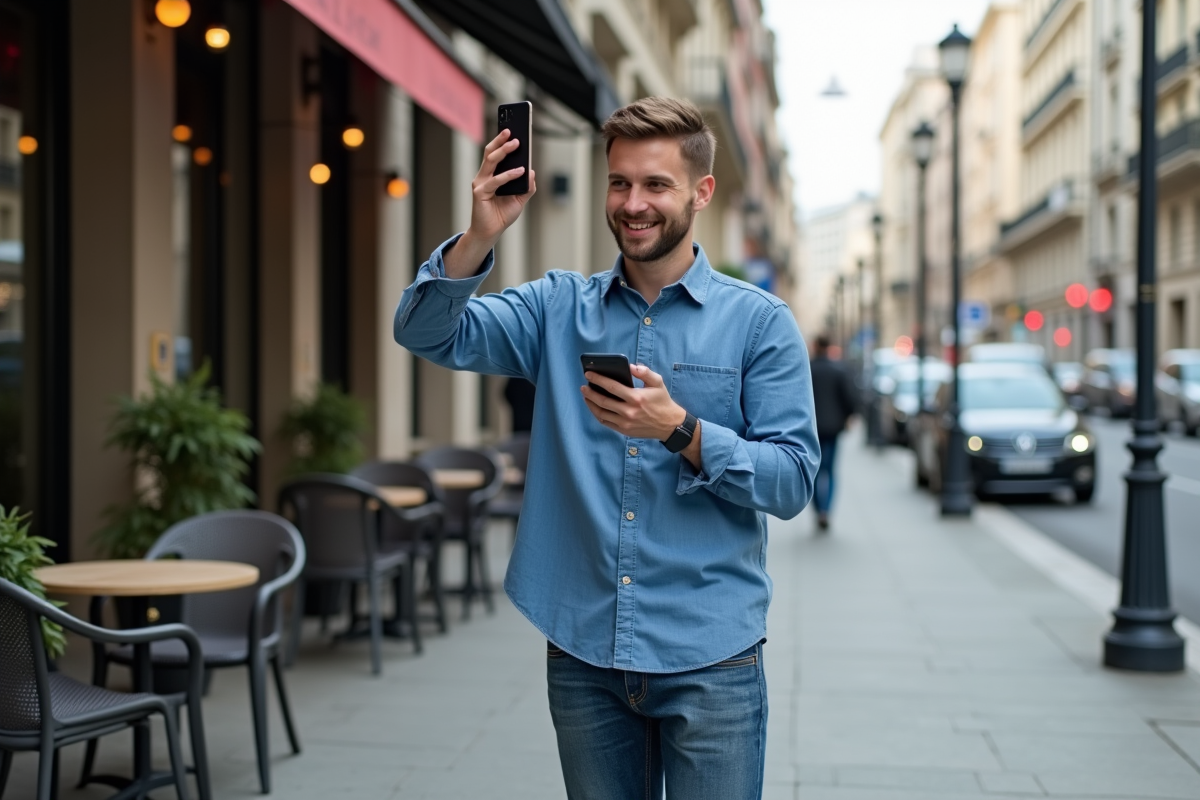 Jeune homme souriant avec smartphone dans une rue urbaine