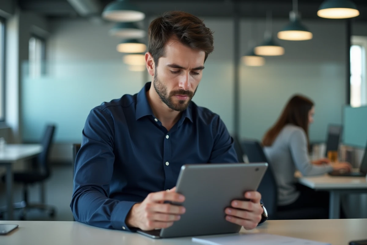 Jeune homme utilisant une tablette dans un bureau moderne