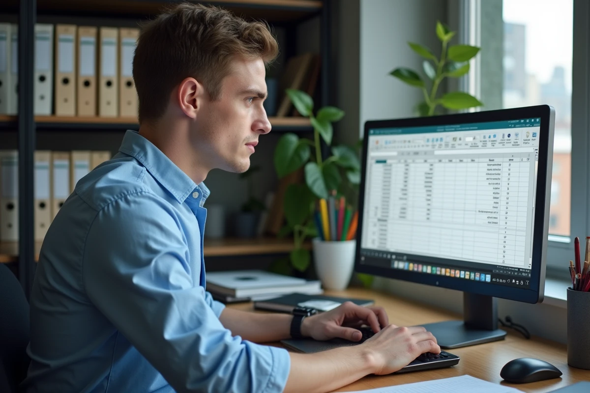 Jeune homme travaillant sur Excel dans un bureau à domicile