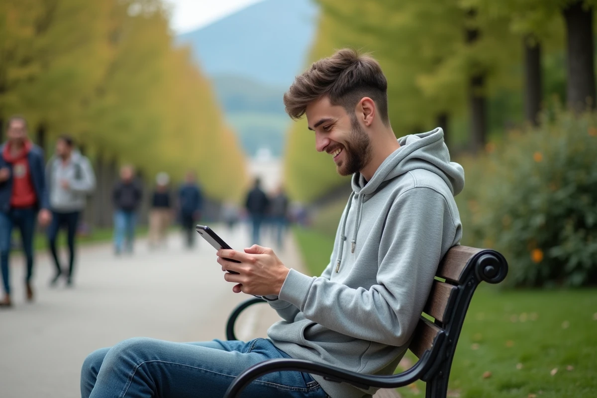 Jeune homme souriant utilise son smartphone dans un parc à Grenoble