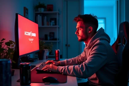 Joueur frustré face à un message de bannissement sur son compte Warzone affiché sur l'écran de son PC gaming