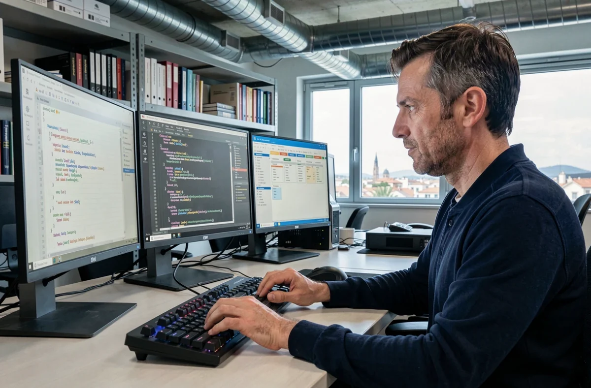 Développeur informatique programmant sur plusieurs écrans dans les bureaux de JPL Systèmes à Perpignan