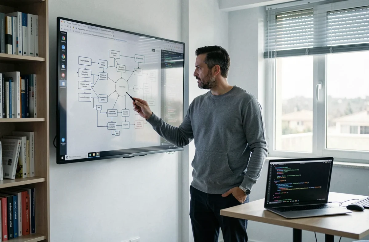 Ingénieur logiciel analysant un organigramme de programmation dans les bureaux de KP France à Perpignan