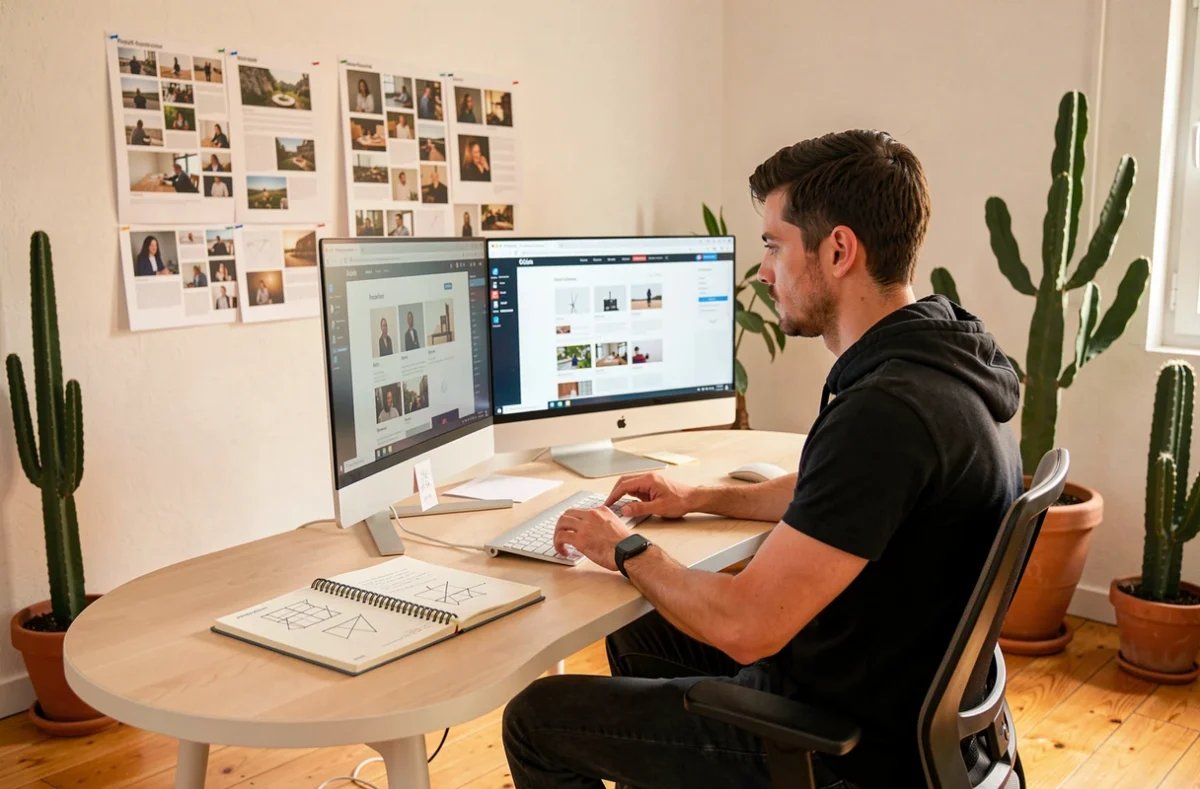 Web designer consultant ses maquettes de sites internet sur écrans larges dans une agence créative à Perpignan