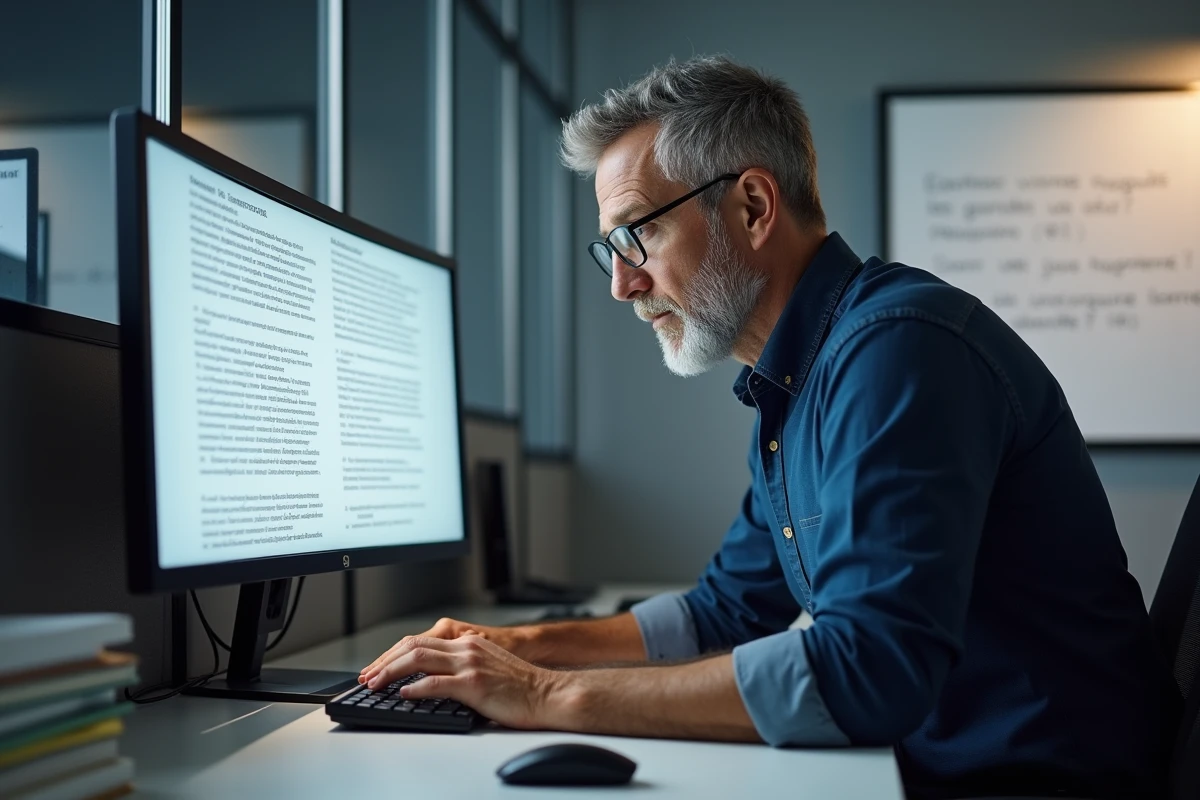 Homme d'affaires analysant un texte en français avec un logiciel de correction grammaticale sur un grand écran
