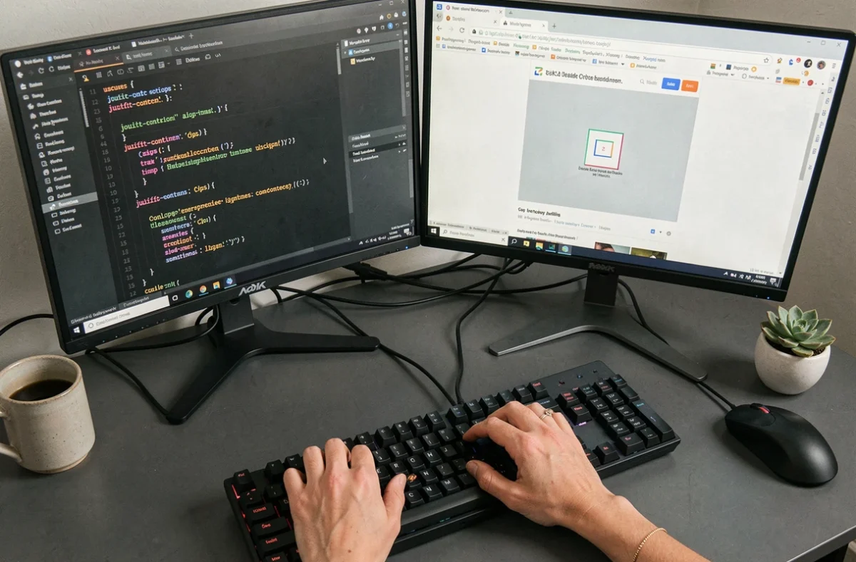 Mains de développeuse sur un clavier avec un écran affichant du code CSS de centrage d'un élément div en HTML