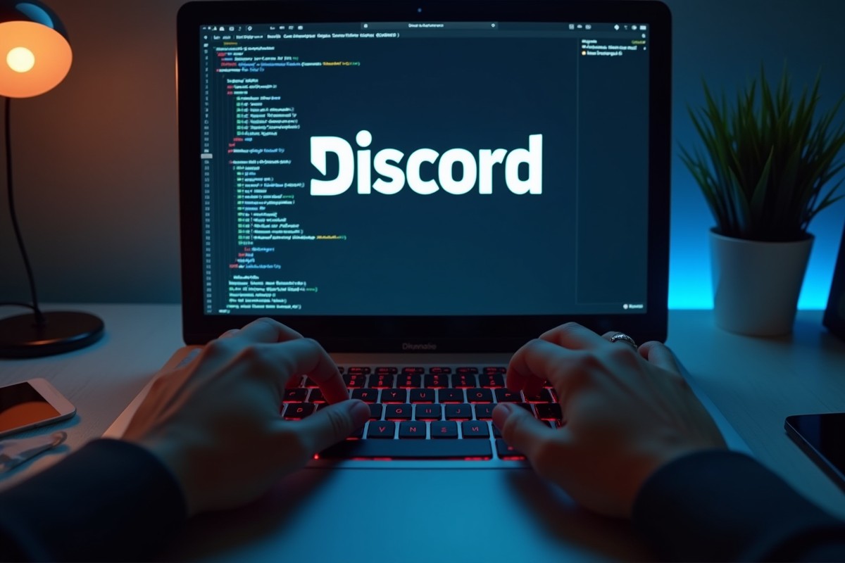 Mains tapant sur un clavier devant un écran Discord en gros plan