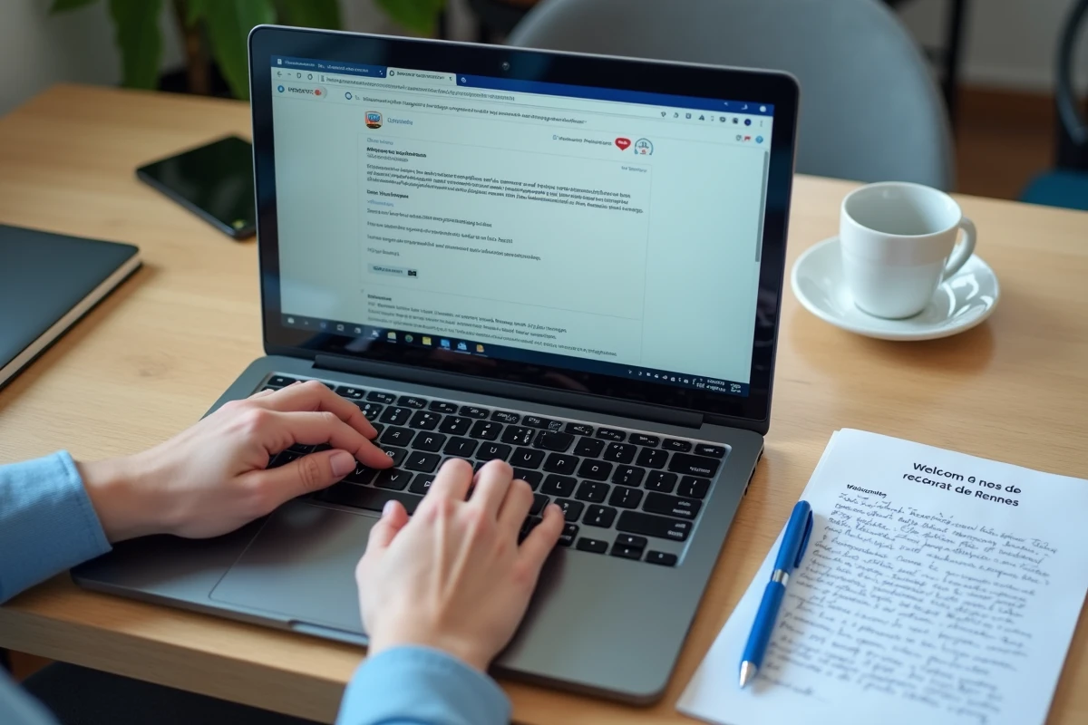 Mains d'un contractuel tapant un email sur le webmail académique de Rennes avec des notes manuscrites et une lettre du rectorat sur le bureau