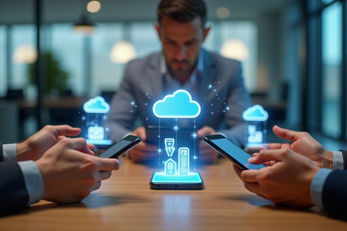 Mains tenant des smartphones avec icônes de stockage cloud Google