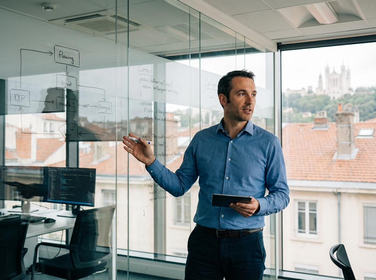 Manager IT devant un tableau blanc avec diagrammes à Lyon