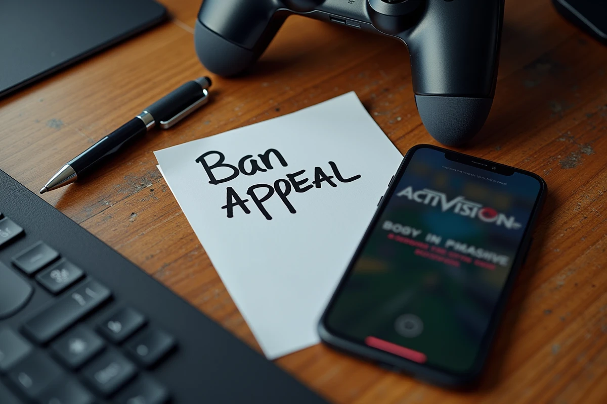Vue de dessus d'une manette de jeu, d'un smartphone affichant la page de récupération de compte Activision et d'une note manuscrite sur un bureau en bois