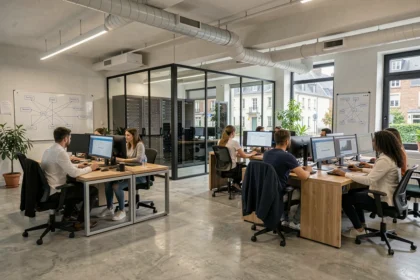 Vue d'ensemble d'un open-space informatique moderne dans la Sarthe avec des techniciens au travail