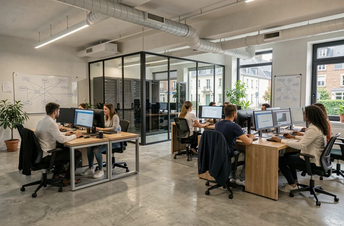 Vue d'ensemble d'un open-space informatique moderne dans la Sarthe avec des techniciens au travail