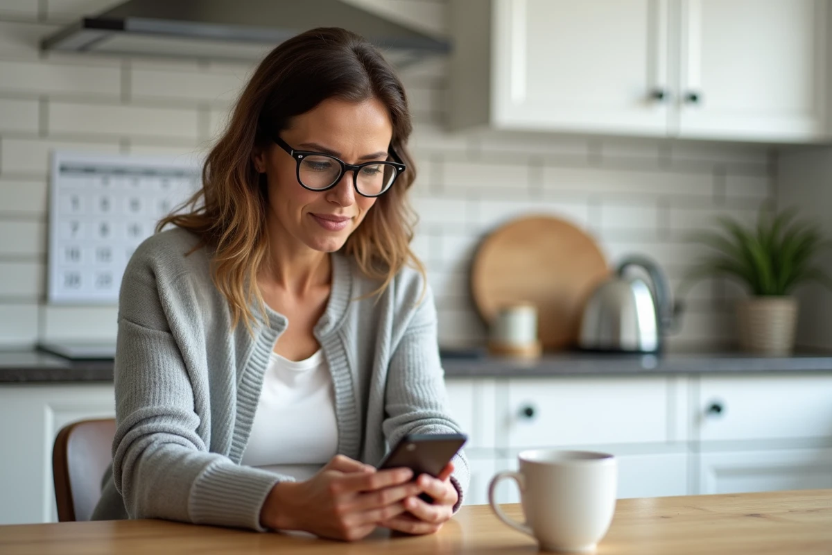 Mère de famille consultant les messages scolaires de ses enfants sur smartphone dans la cuisine