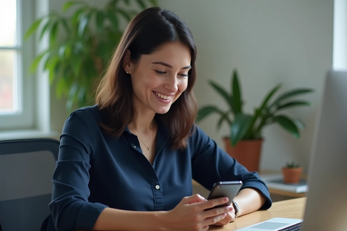 Femme mettant à jour ses informations personnelles sur l'application Réglo Mobile depuis son bureau à domicile