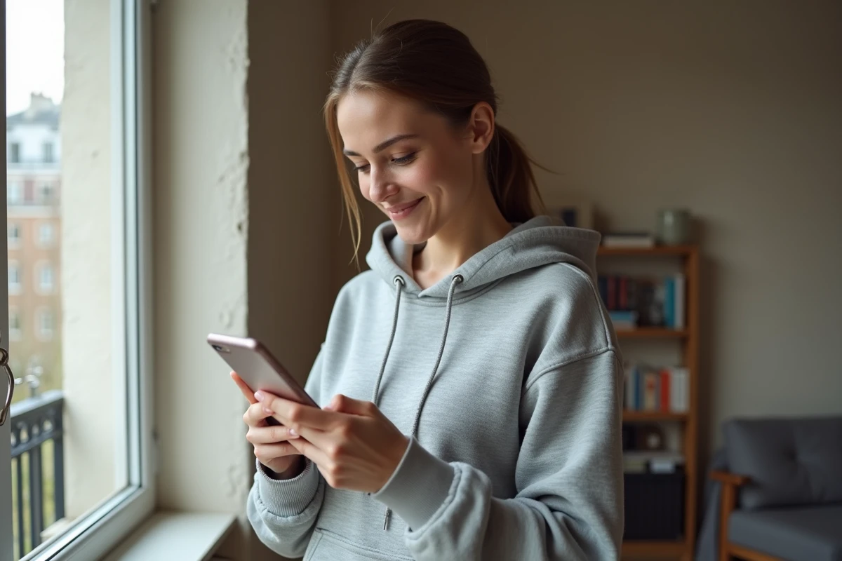 Jeune femme modifiant son adresse postale dans son espace client Réglo Mobile sur smartphone