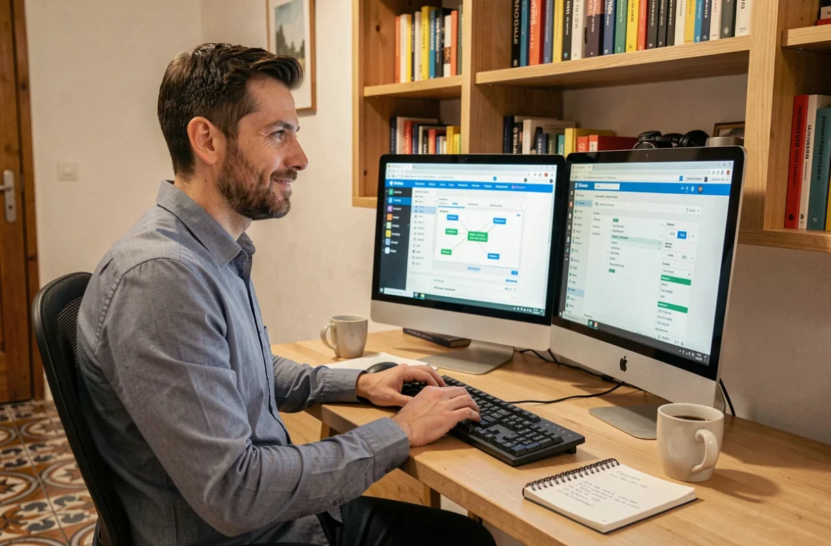 Technicien polyvalent gérant à la fois le dépannage informatique et la création web dans un bureau à Perpignan