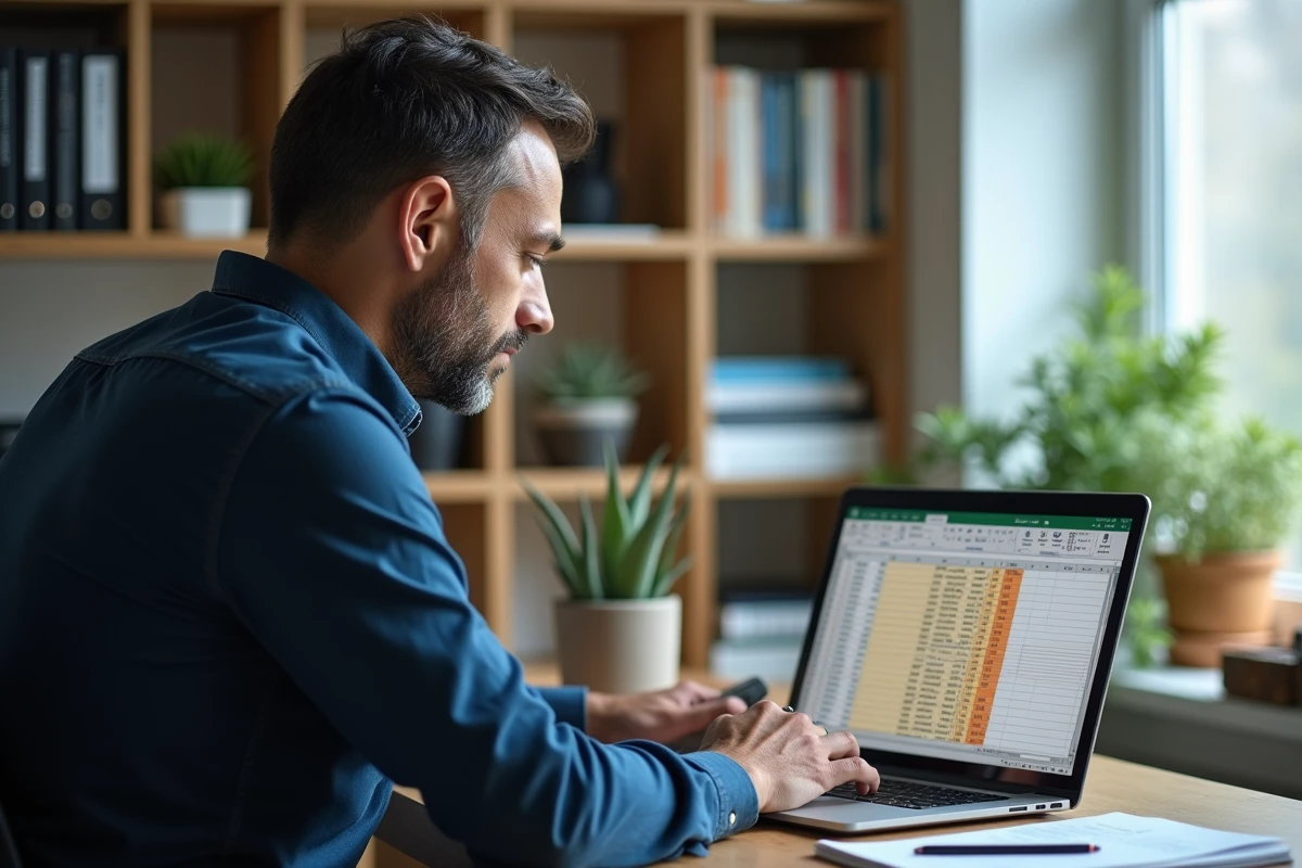 Homme consultant une base client avec doublons surlignés dans Excel depuis son bureau à domicile