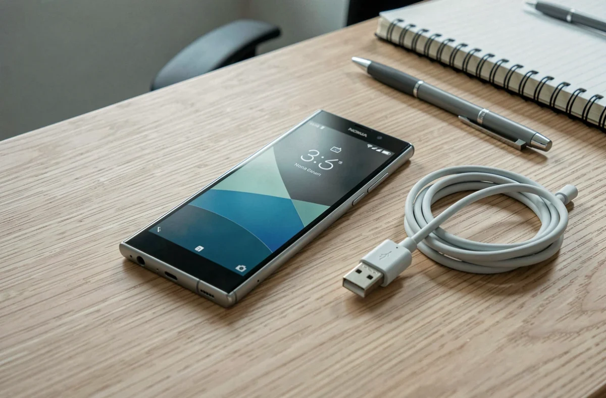 Nokia Lumia 920 en charge sur un bureau avec câble USB, test d'autonomie en conditions réelles de travail