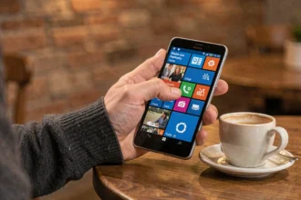 Nokia Lumia 920 tenu en main dans un café, interface Windows Phone affichée sur l'écran, usage quotidien réel
