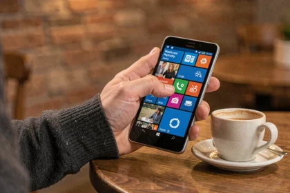 Nokia Lumia 920 tenu en main dans un café, interface Windows Phone affichée sur l'écran, usage quotidien réel