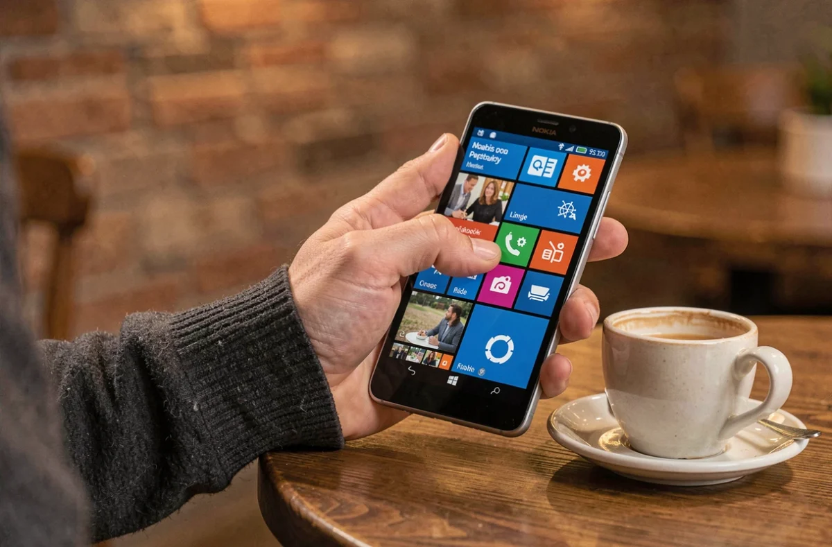 Nokia Lumia 920 tenu en main dans un café, interface Windows Phone affichée sur l'écran, usage quotidien réel
