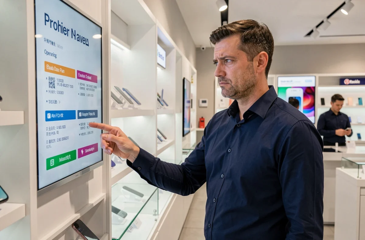 Homme dans une boutique d'opérateur téléphonique lisant les offres de données mobiles pour comparer les gigaoctets annoncés par les opérateurs et la réalité en mégaoctets