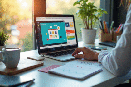 Ordinateur portable sur un bureau moderne avec une présentation Canva en cours