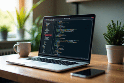Ordinateur portable moderne affichant du code SQL sur un bureau lumineux