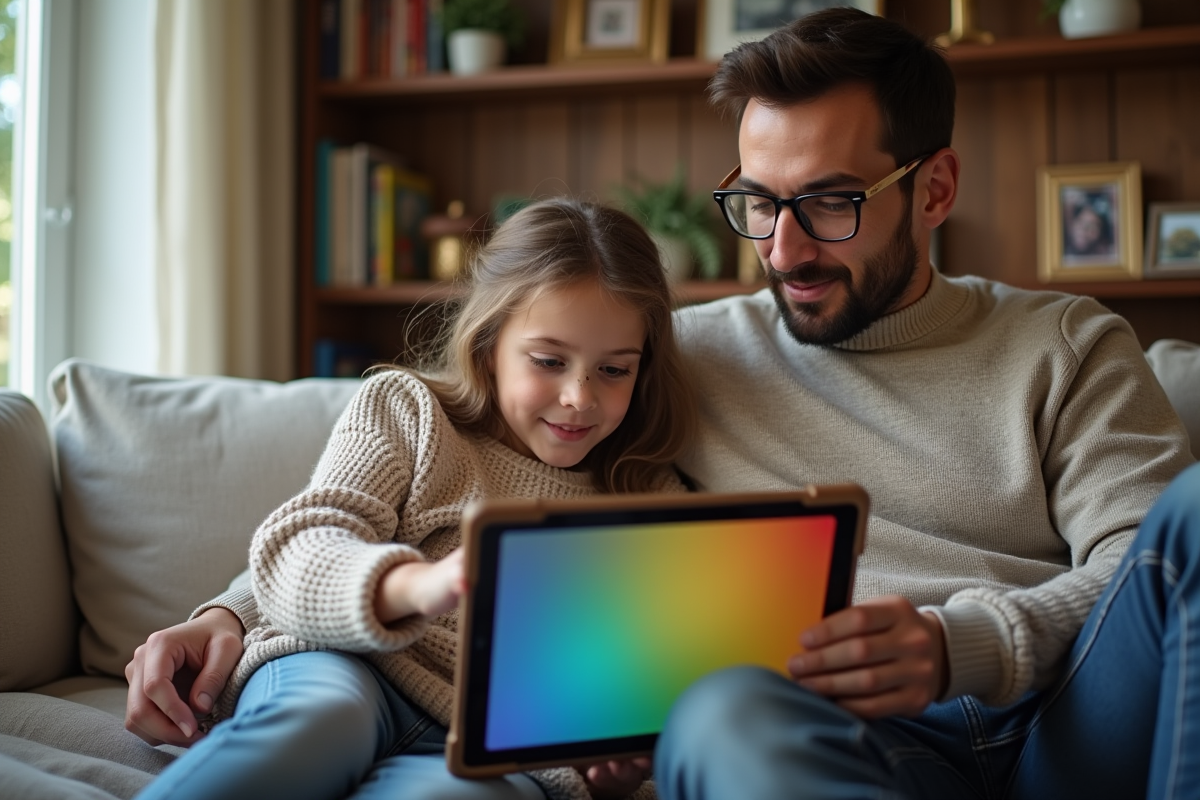 Père et fille discutant avec une tablette dans le salon