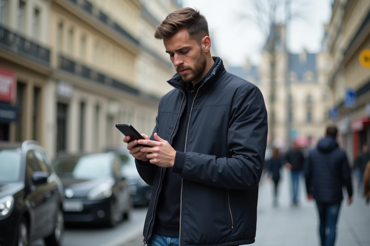 Homme consultant les paramètres SMS de son opérateur mobile dans une rue parisienne